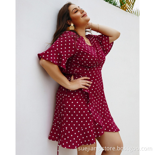 Trumpet Sleeve Casual Plus Size Wrap Ruffles dresses